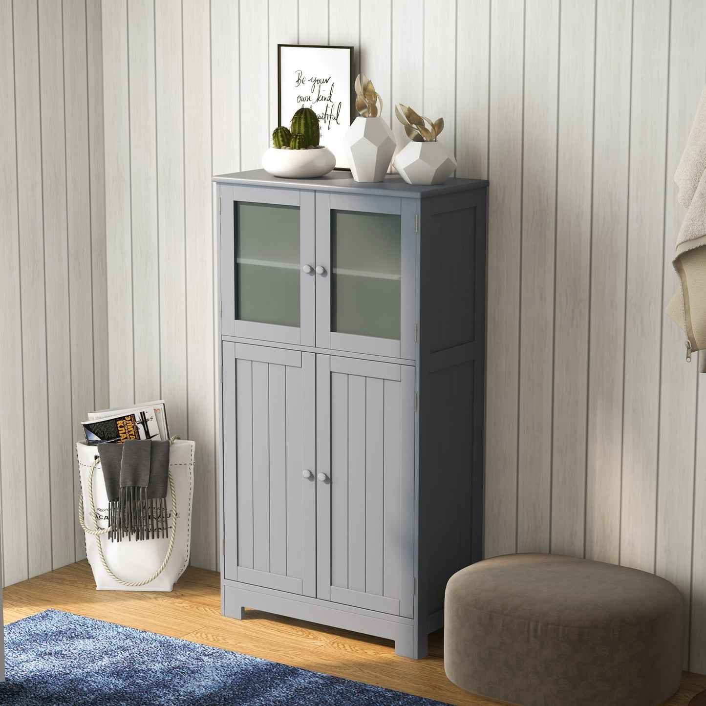 Bathroom Floor Storage Locker Kitchen Cabinet with Doors and Adjustable Shelf, Gray Floor Cabinets   at Gallery Canada