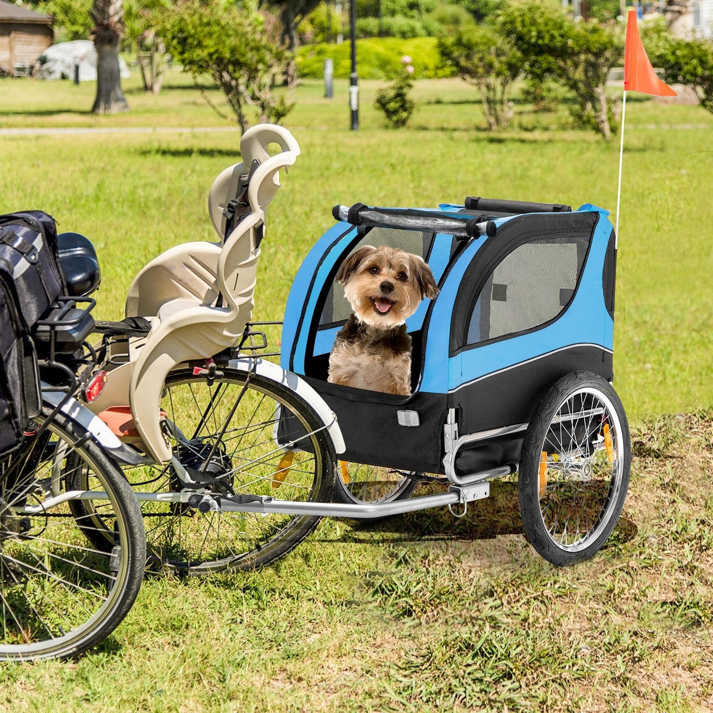 Dog Bike Trailer Foldable Pet Cart with 3 Entrances for Travel, Blue Dog Supplies   at Gallery Canada