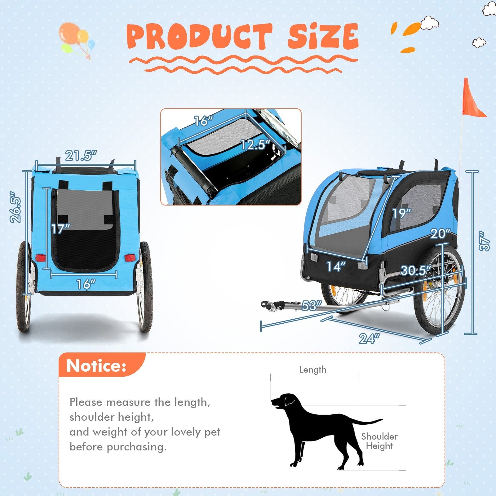 Dog Bike Trailer Foldable Pet Cart with 3 Entrances for Travel, Blue Dog Supplies   at Gallery Canada