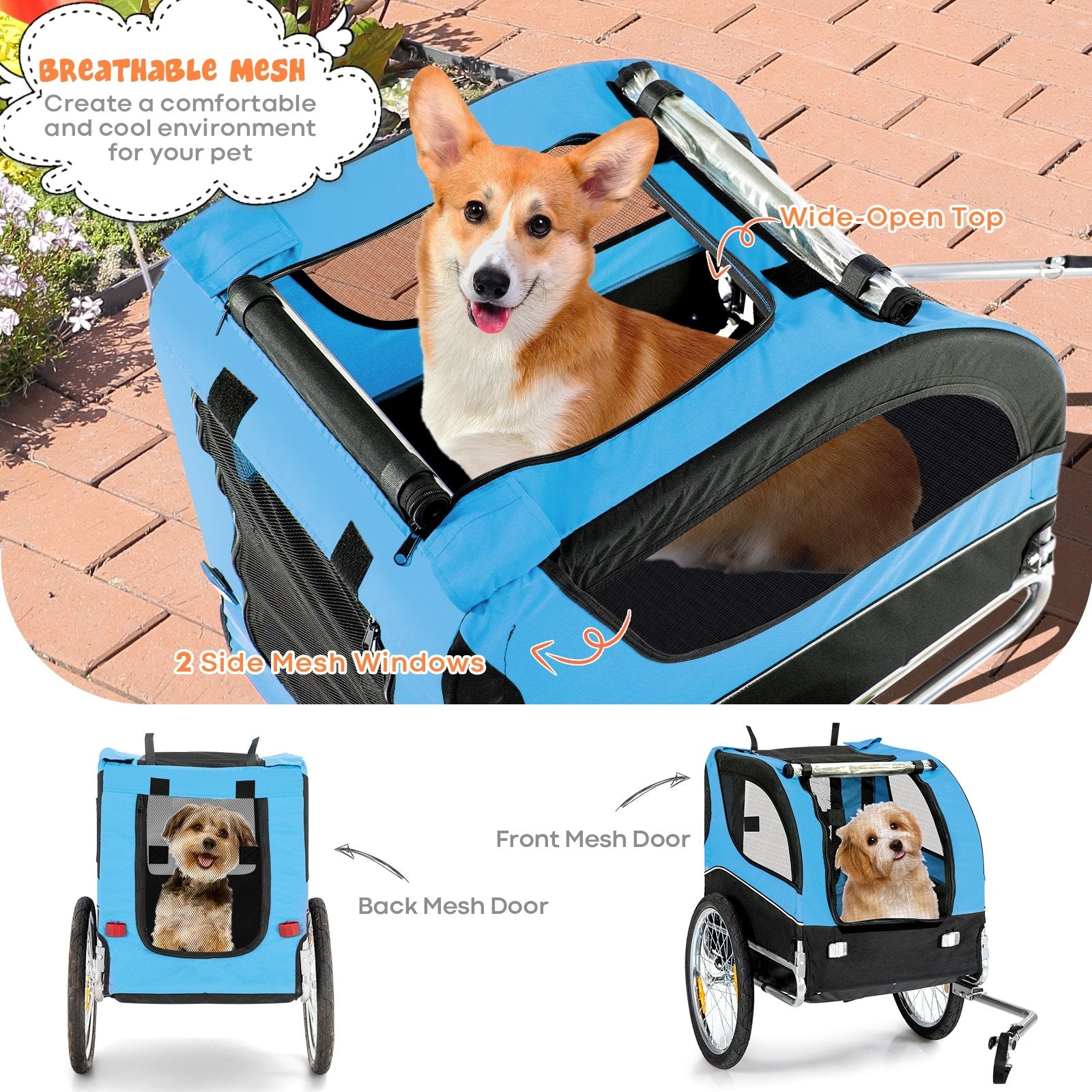 Dog Bike Trailer Foldable Pet Cart with 3 Entrances for Travel, Blue Dog Supplies   at Gallery Canada