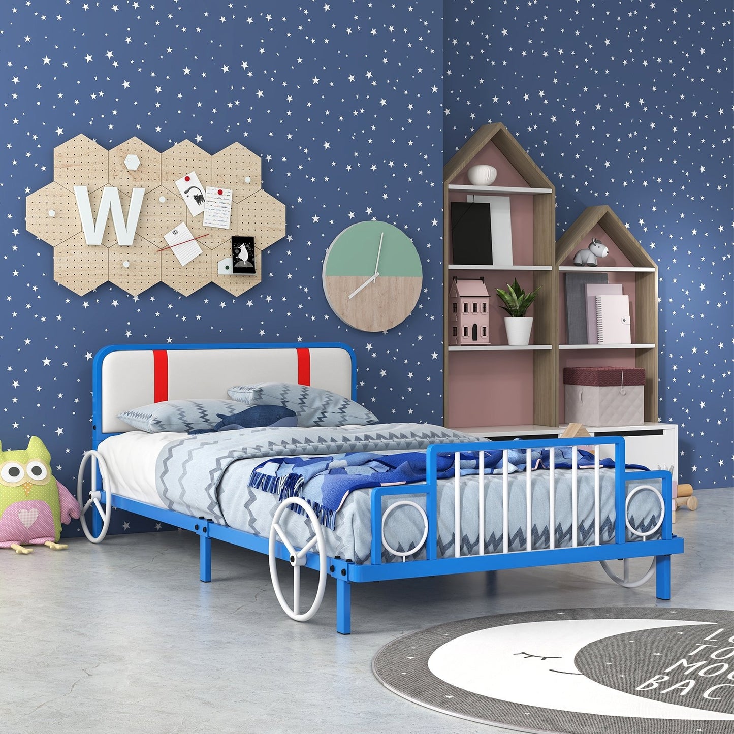 Twin Size Kids Bed Frame Car Shaped Metal Platform Bed with Upholstered Headboard Toddler Beds   at Gallery Canada