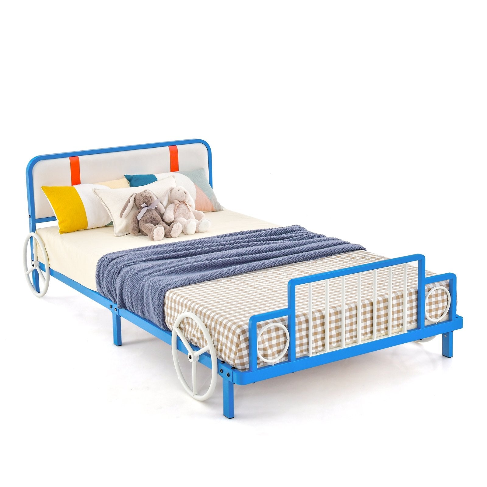 Twin Size Kids Bed Frame Car Shaped Metal Platform Bed with Upholstered Headboard Toddler Beds   at Gallery Canada