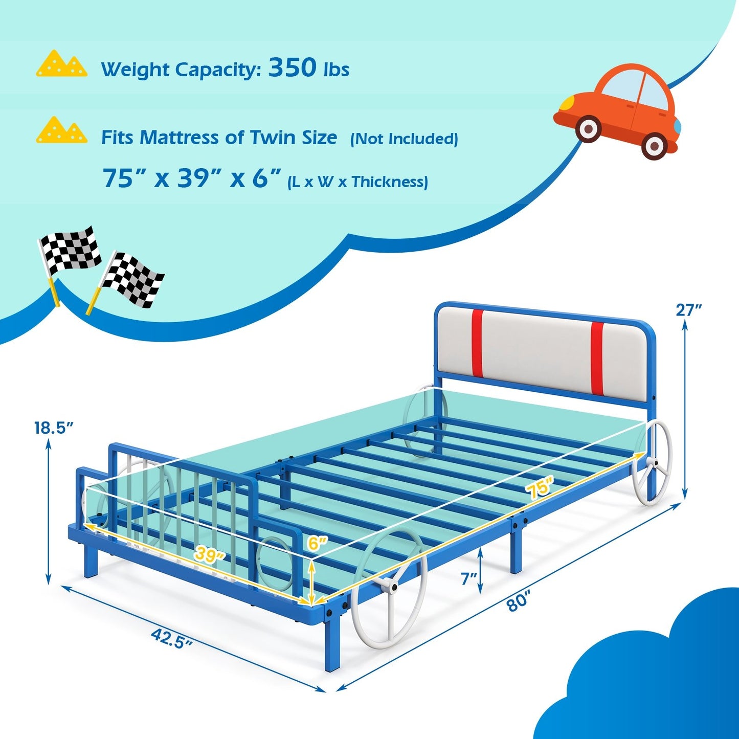 Twin Size Kids Bed Frame Car Shaped Metal Platform Bed with Upholstered Headboard Toddler Beds   at Gallery Canada