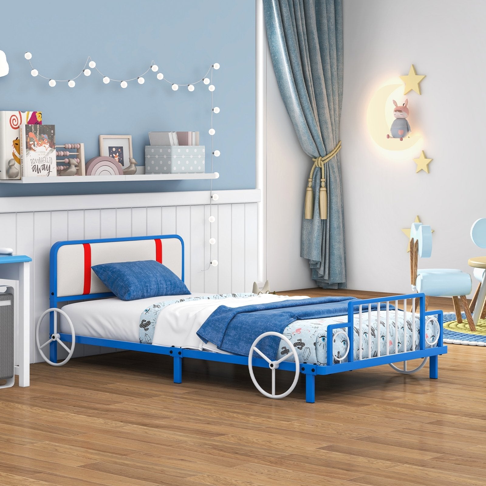 Twin Size Kids Bed Frame Car Shaped Metal Platform Bed with Upholstered Headboard Toddler Beds   at Gallery Canada