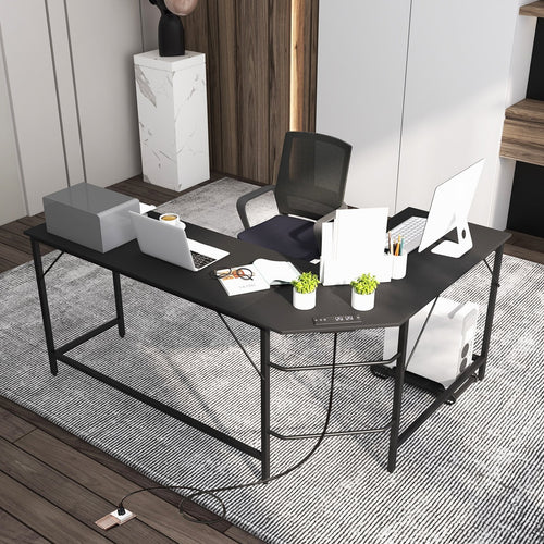 L-Shaped Computer Desk with CPU Stand Power Outlets and USB Ports, Black