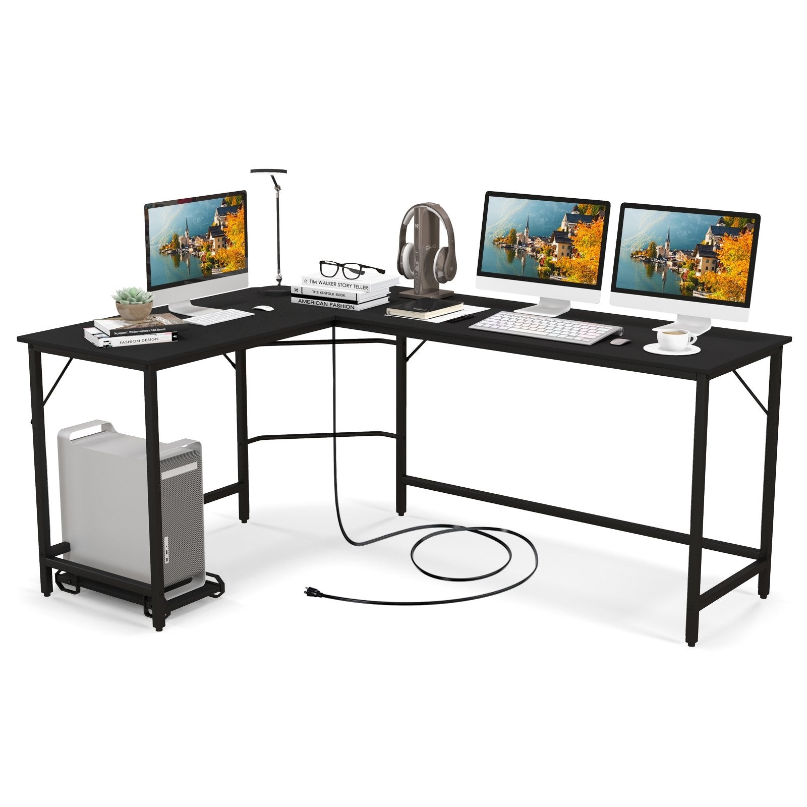 L-Shaped Computer Desk with CPU Stand Power Outlets and USB Ports, Black L-Shaped Desks   at Gallery Canada