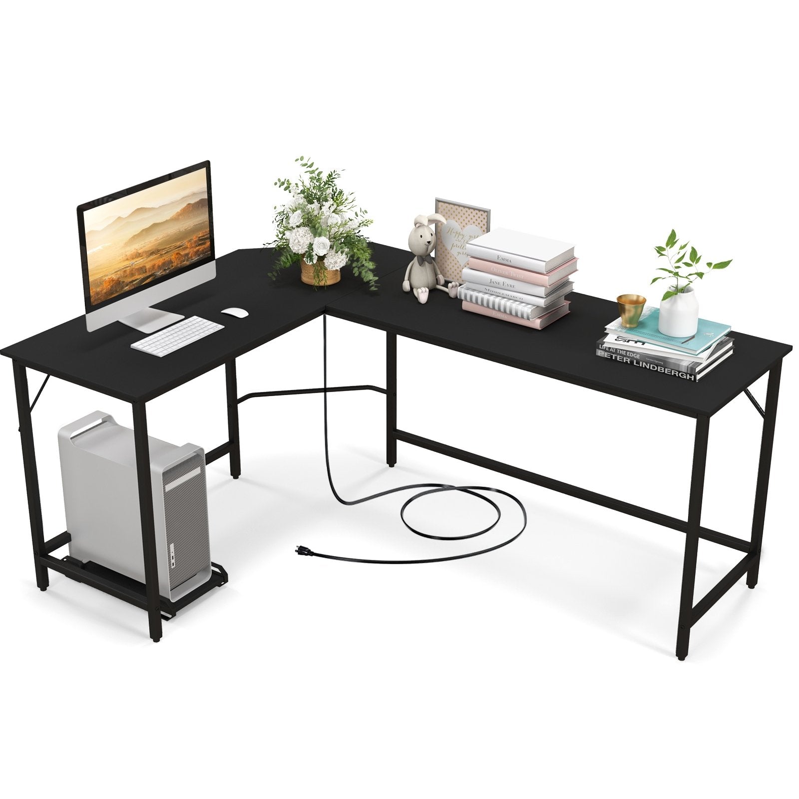 L-Shaped Computer Desk with CPU Stand Power Outlets and USB Ports, Black L-Shaped Desks   at Gallery Canada