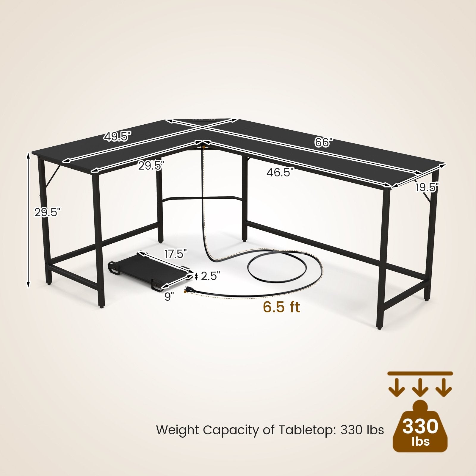 L-Shaped Computer Desk with CPU Stand Power Outlets and USB Ports, Black L-Shaped Desks   at Gallery Canada