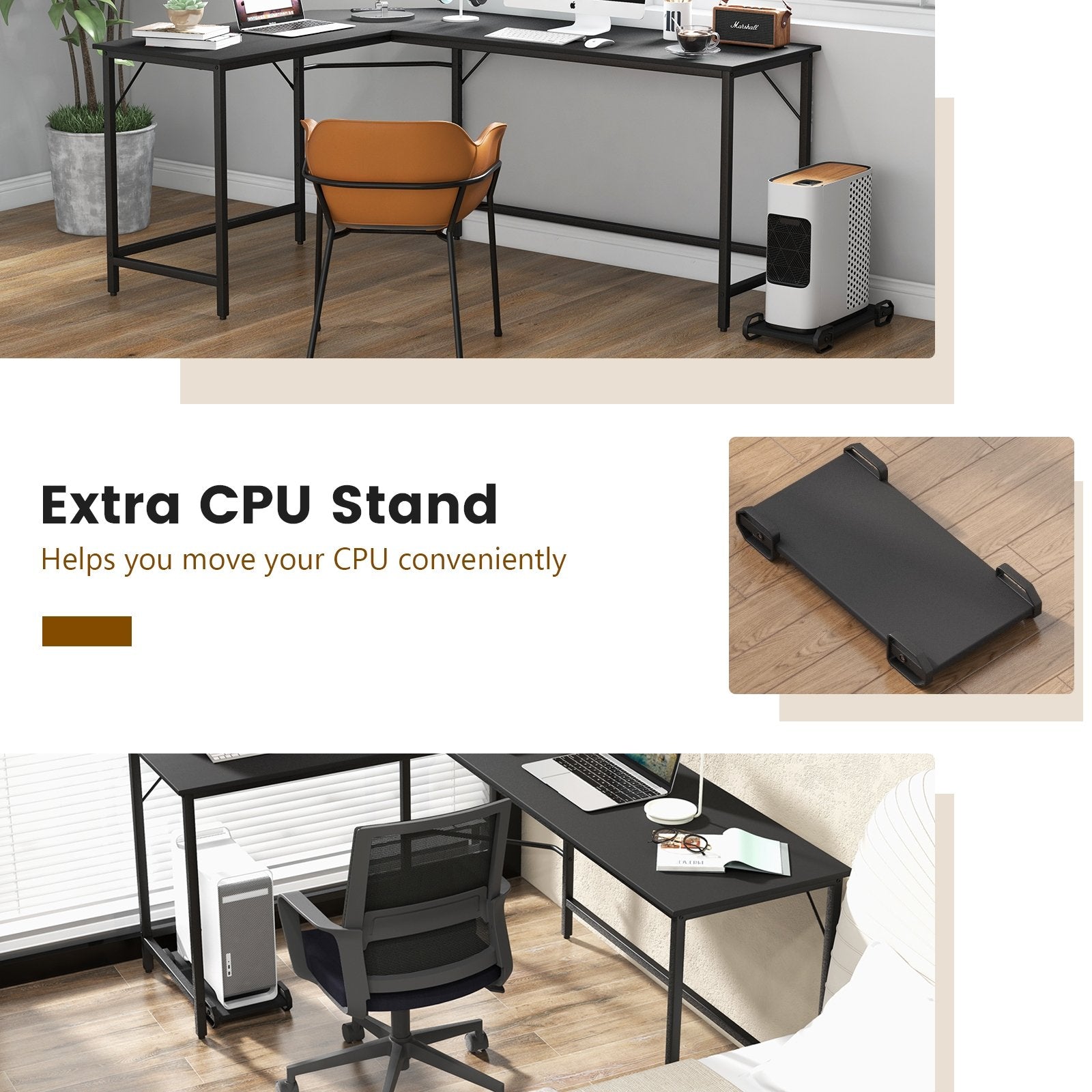 L-Shaped Computer Desk with CPU Stand Power Outlets and USB Ports, Black L-Shaped Desks   at Gallery Canada