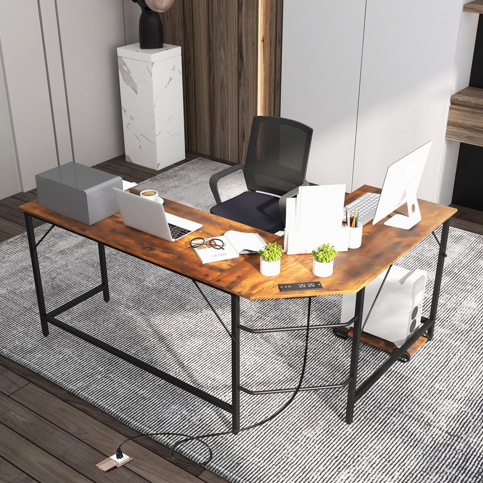 L-Shaped Computer Desk with CPU Stand Power Outlets and USB Ports, Rustic Brown L-Shaped Desks   at Gallery Canada