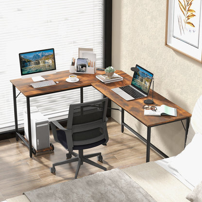 L-Shaped Computer Desk with CPU Stand Power Outlets and USB Ports, Rustic Brown L-Shaped Desks   at Gallery Canada