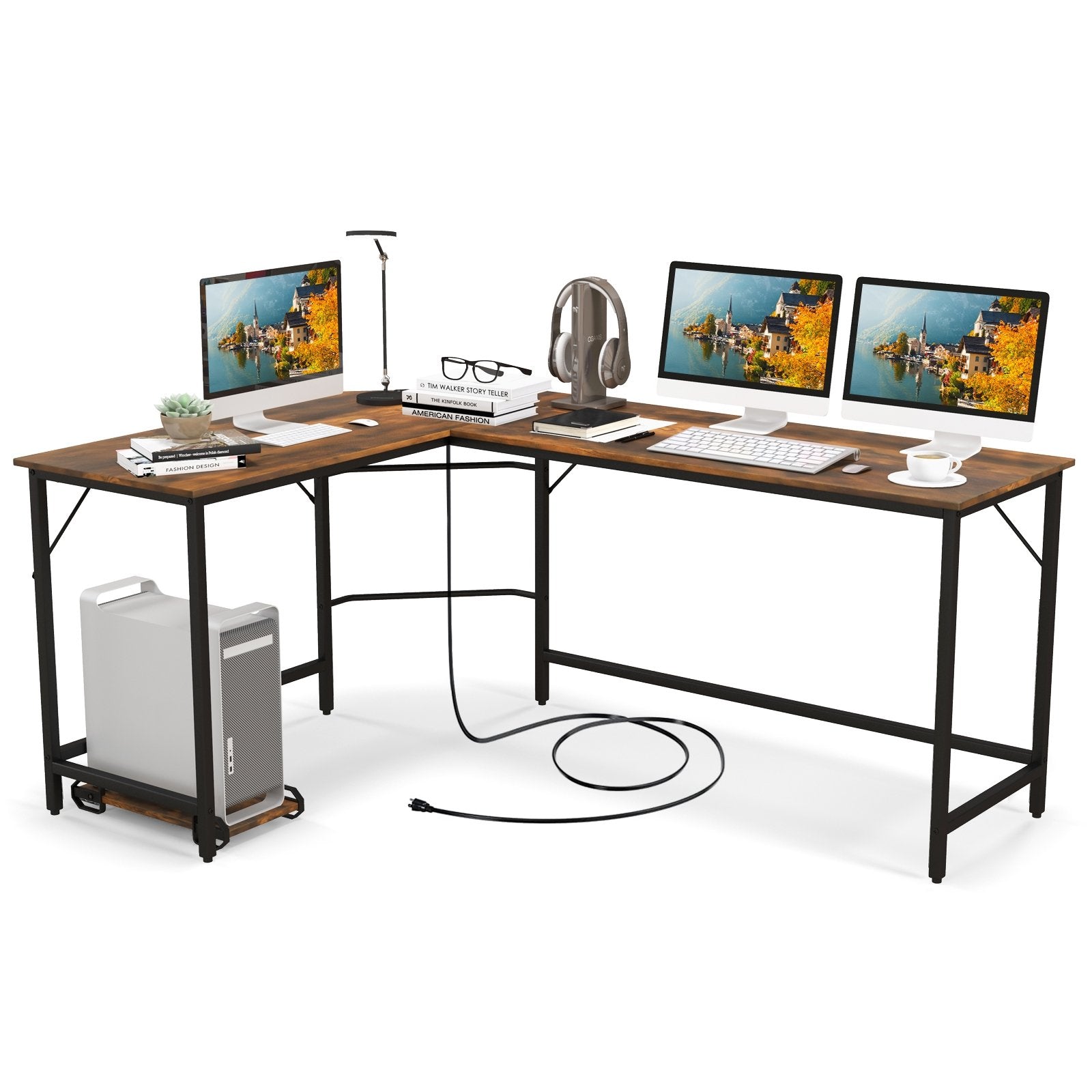 L-Shaped Computer Desk with CPU Stand Power Outlets and USB Ports, Rustic Brown L-Shaped Desks   at Gallery Canada