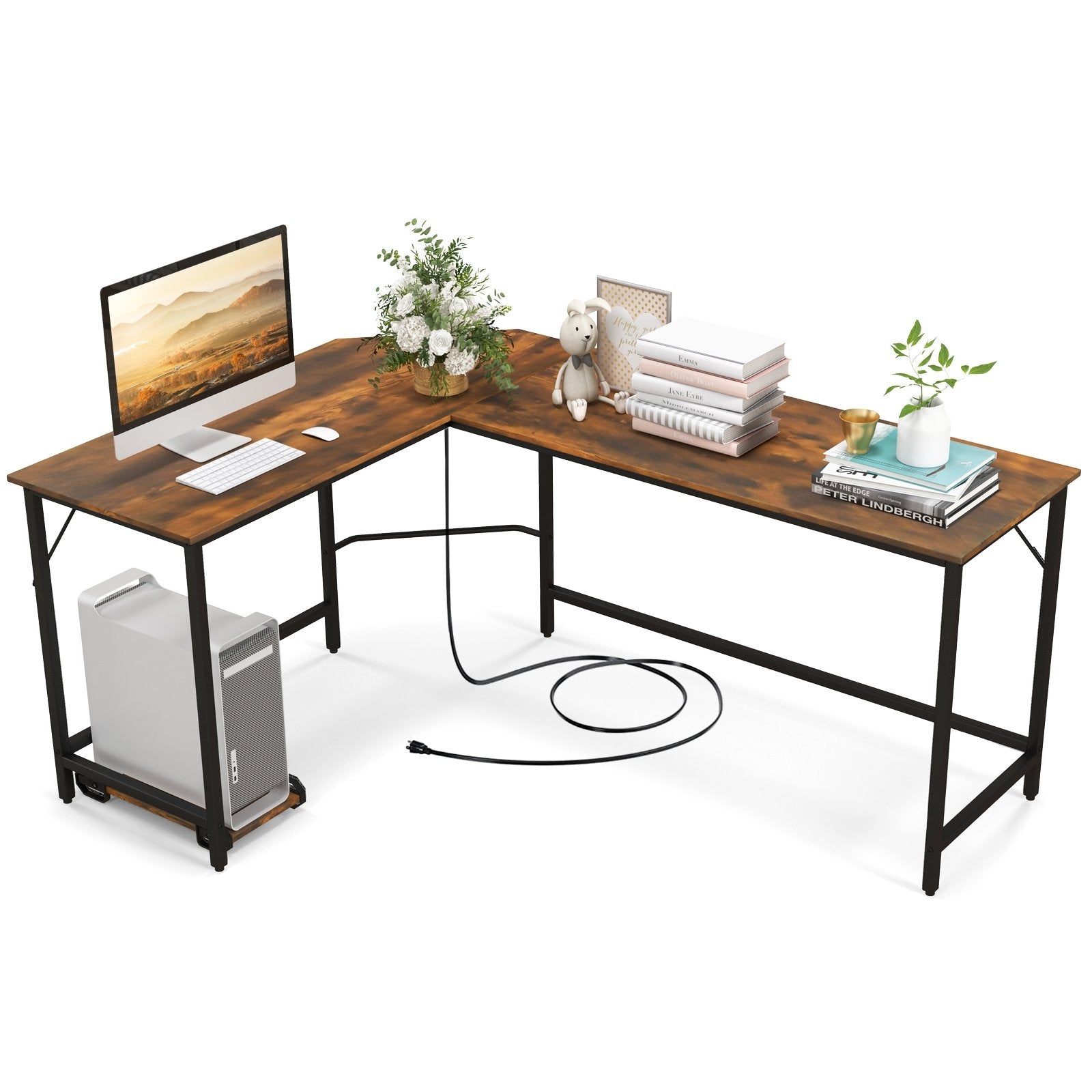 L-Shaped Computer Desk with CPU Stand Power Outlets and USB Ports, Rustic Brown L-Shaped Desks   at Gallery Canada