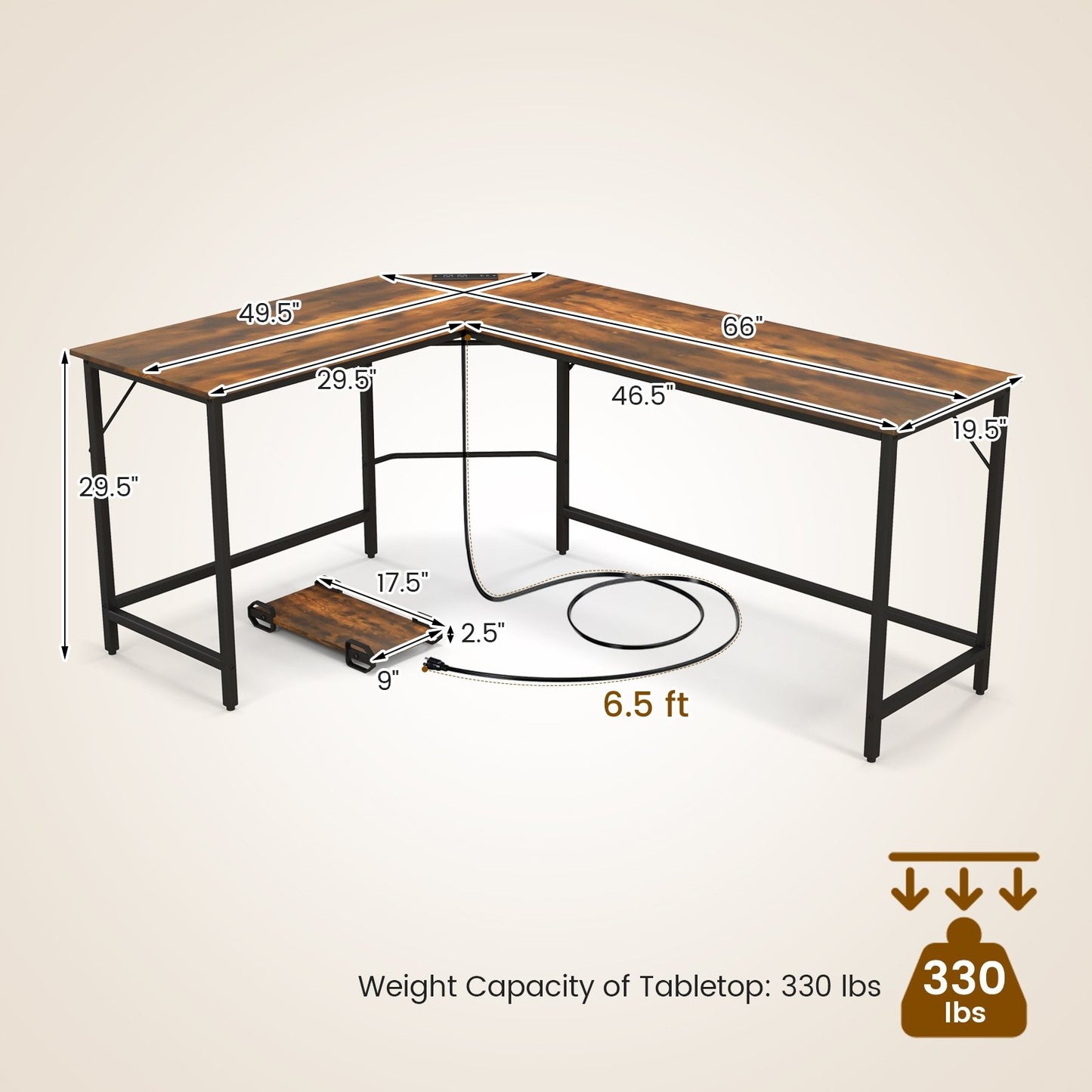 L-Shaped Computer Desk with CPU Stand Power Outlets and USB Ports, Rustic Brown L-Shaped Desks   at Gallery Canada