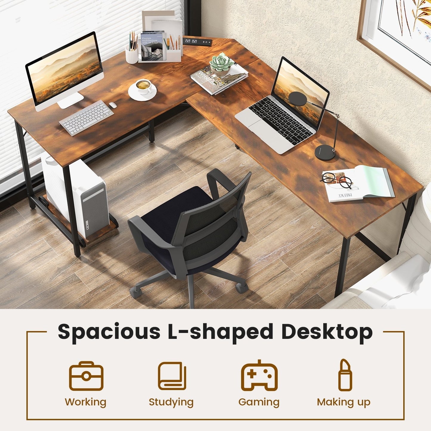 L-Shaped Computer Desk with CPU Stand Power Outlets and USB Ports, Rustic Brown L-Shaped Desks   at Gallery Canada