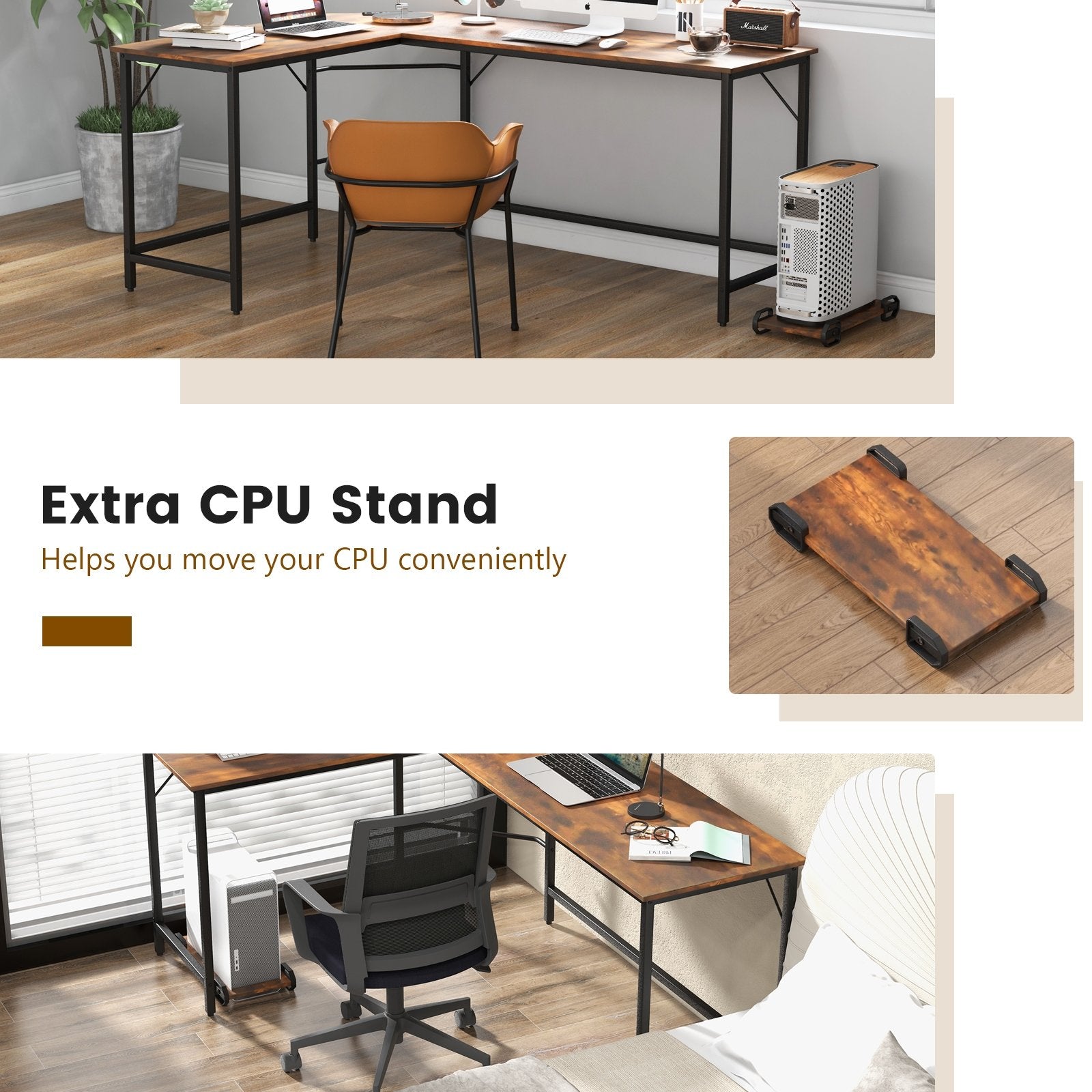 L-Shaped Computer Desk with CPU Stand Power Outlets and USB Ports, Rustic Brown L-Shaped Desks   at Gallery Canada