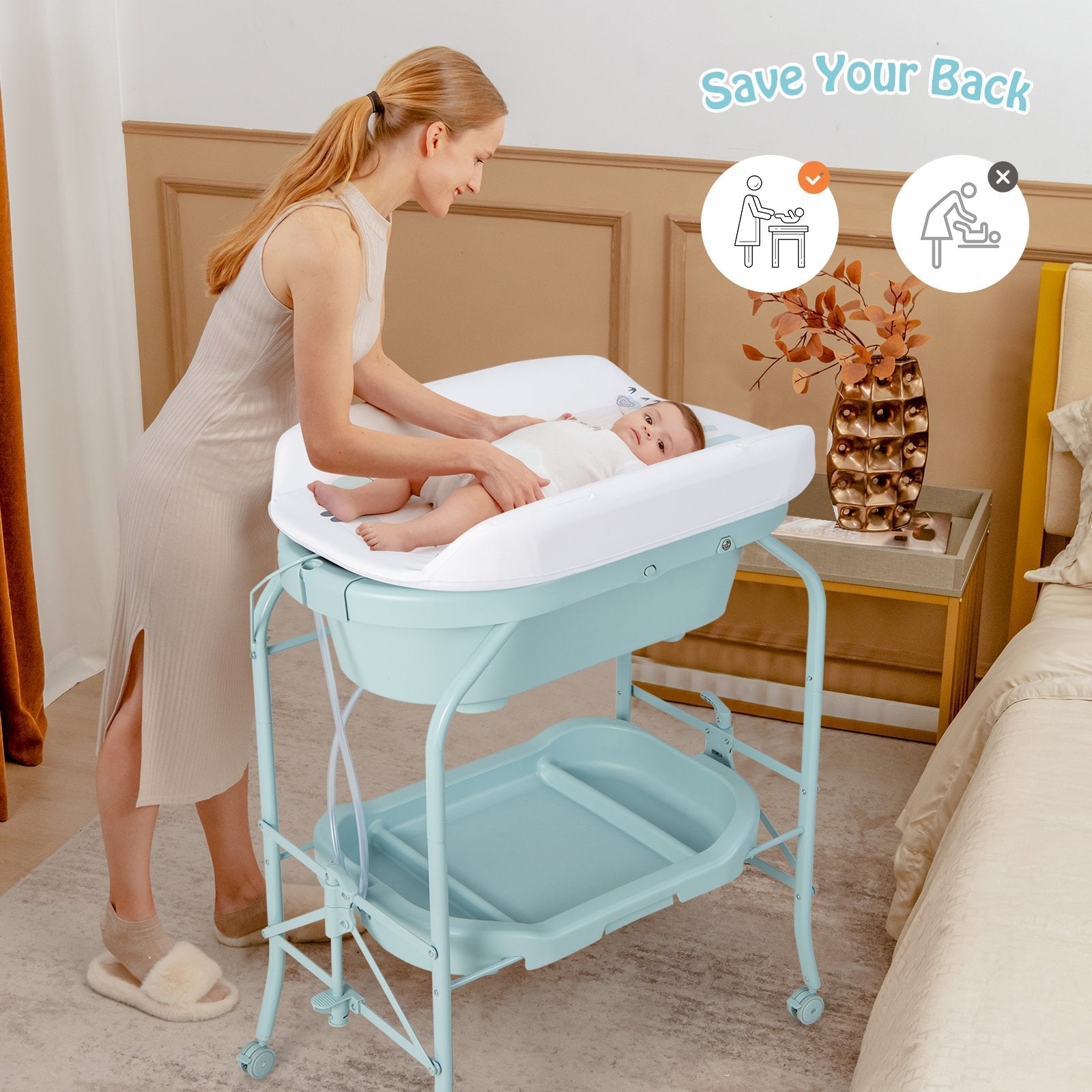 Folding Baby Changing Table with Bathtub and 4 Universal Wheels, Blue Changing Tables   at Gallery Canada