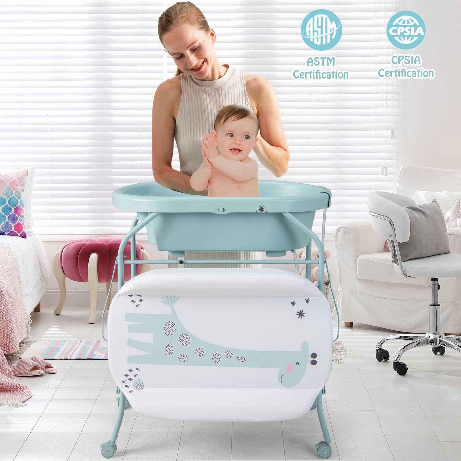 Folding Baby Changing Table with Bathtub and 4 Universal Wheels, Blue Changing Tables   at Gallery Canada