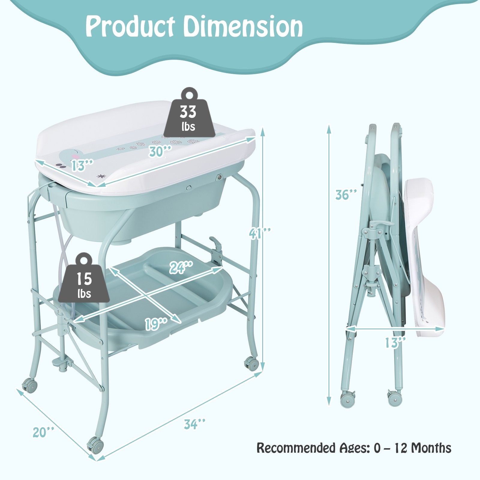 Folding Baby Changing Table with Bathtub and 4 Universal Wheels, Blue Changing Tables   at Gallery Canada