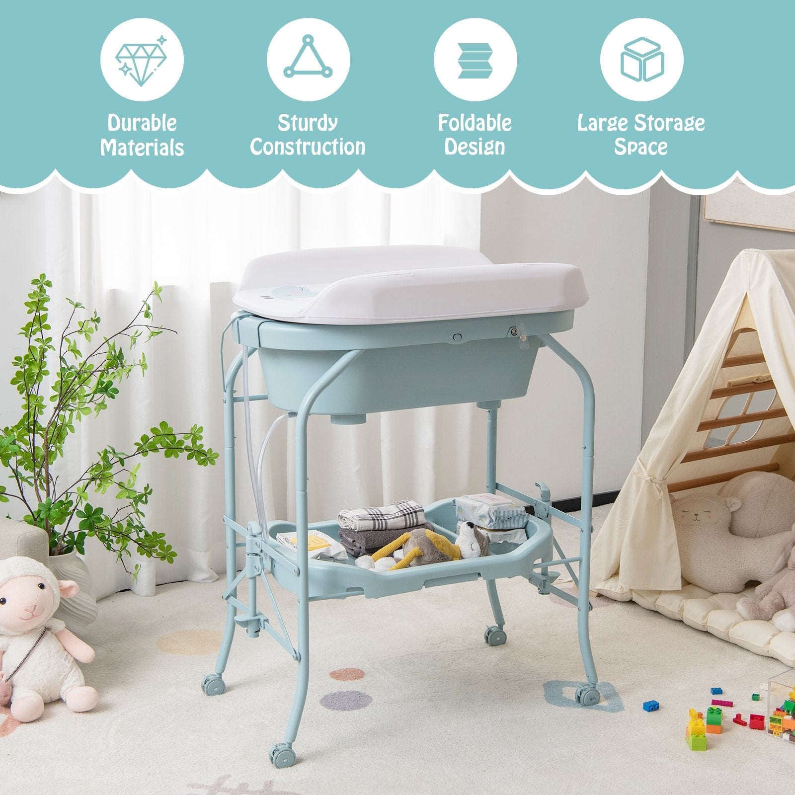 Folding Baby Changing Table with Bathtub and 4 Universal Wheels, Blue Changing Tables   at Gallery Canada