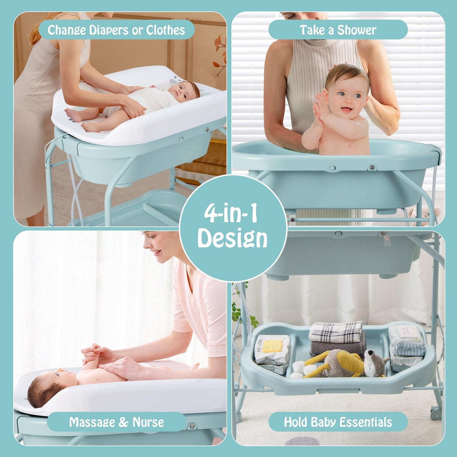 Folding Baby Changing Table with Bathtub and 4 Universal Wheels, Blue Changing Tables   at Gallery Canada