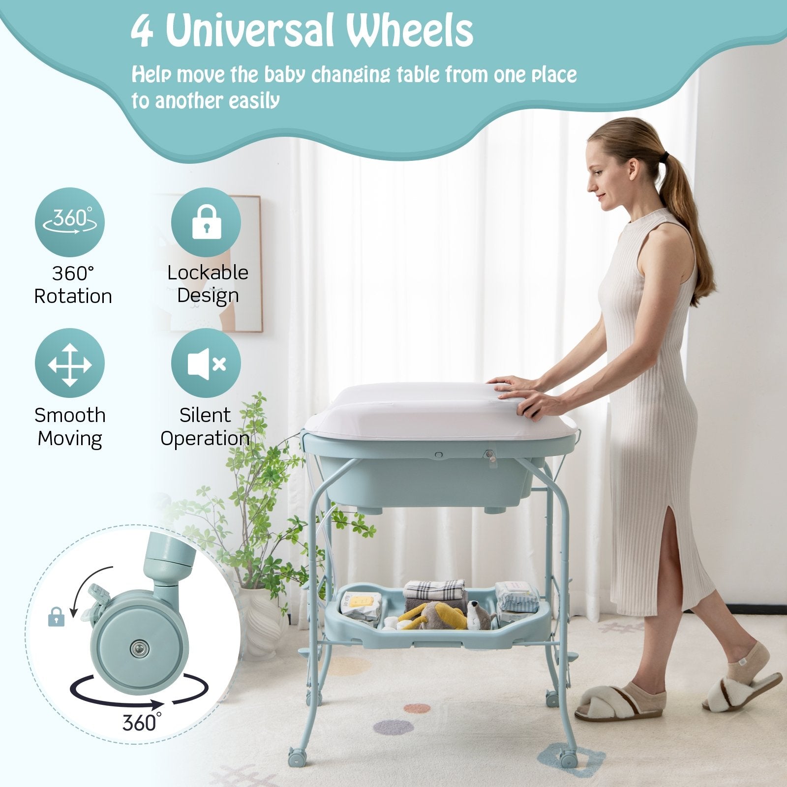 Folding Baby Changing Table with Bathtub and 4 Universal Wheels, Blue Changing Tables   at Gallery Canada