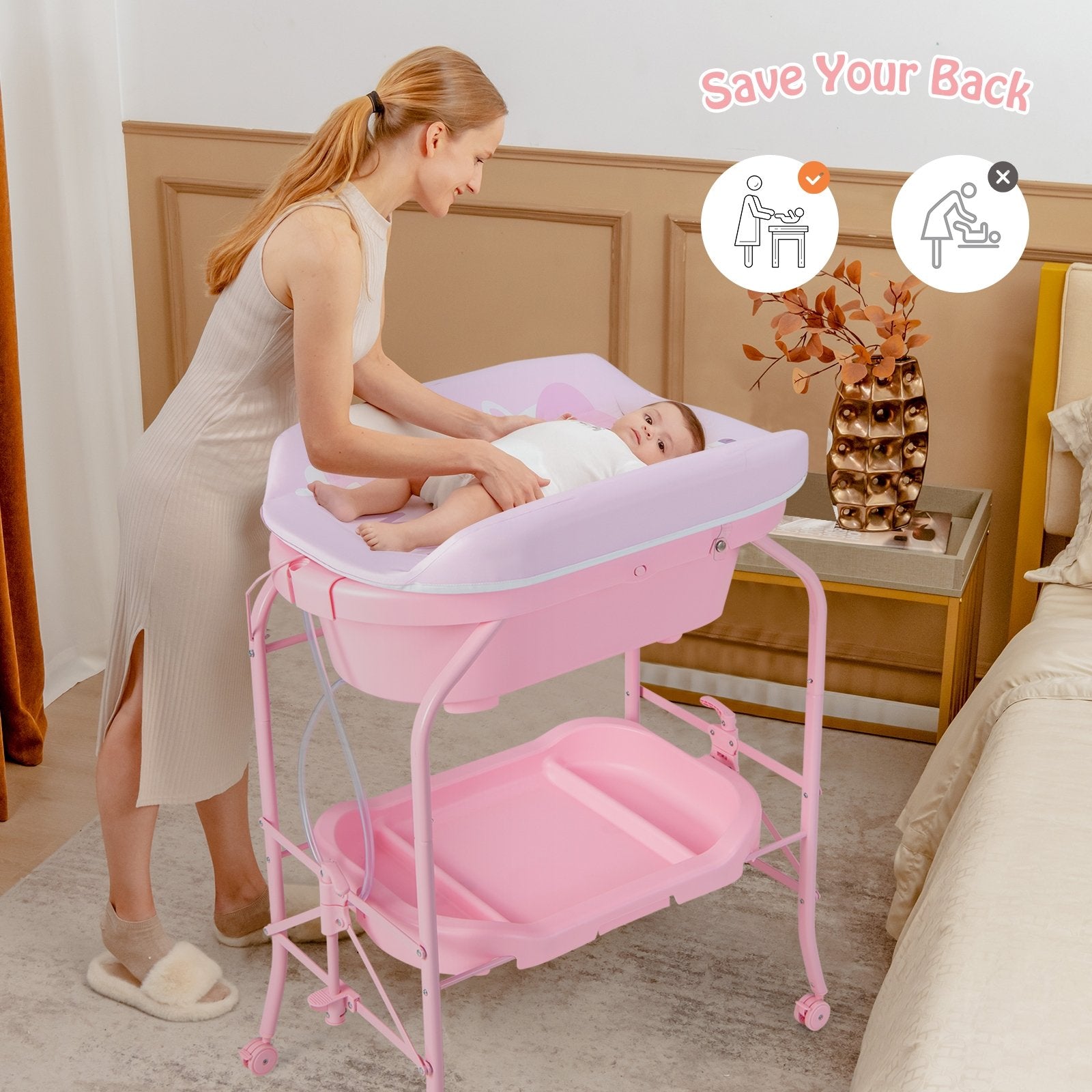 Folding Baby Changing Table with Bathtub and 4 Universal Wheels, Pink Changing Tables   at Gallery Canada