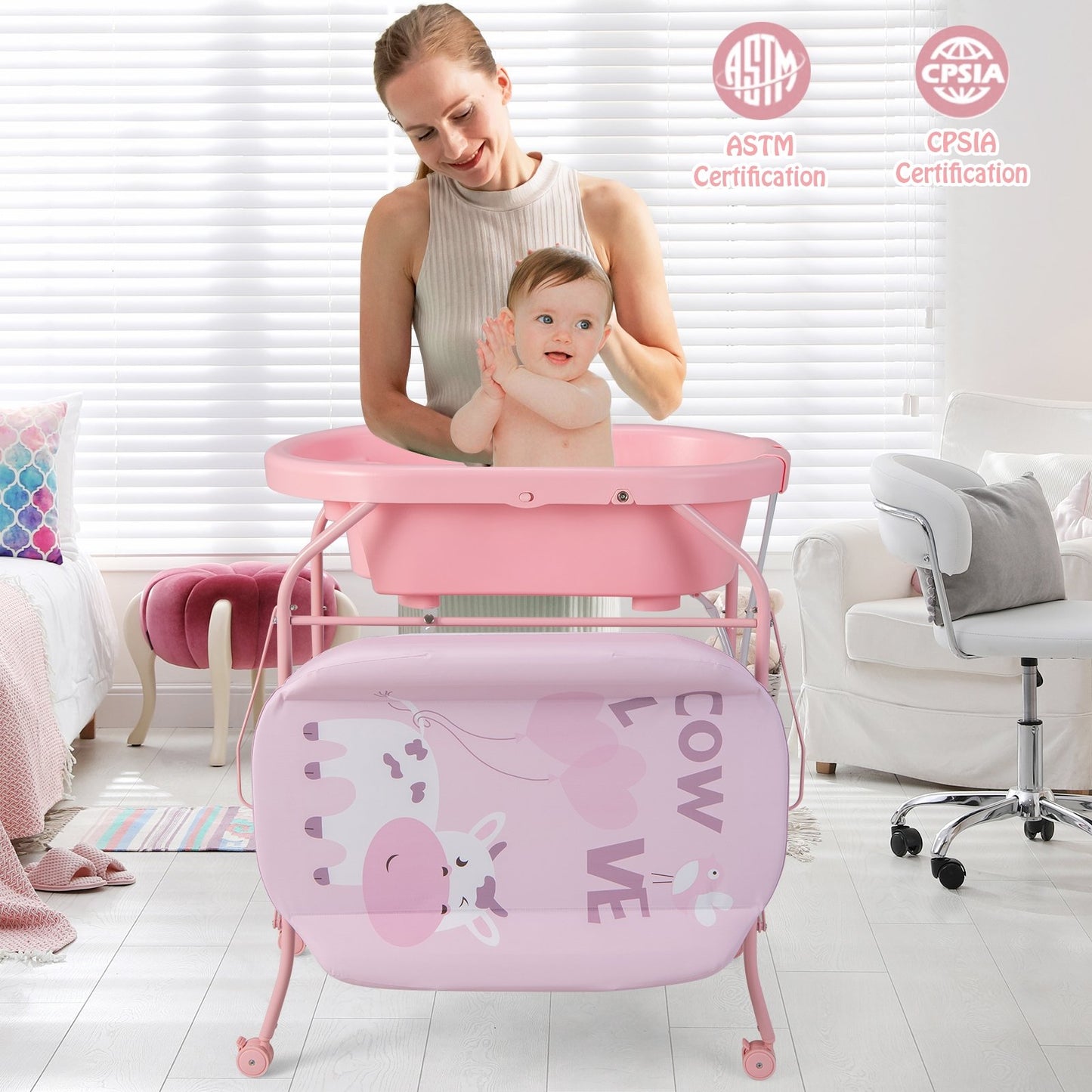 Folding Baby Changing Table with Bathtub and 4 Universal Wheels, Pink Changing Tables   at Gallery Canada