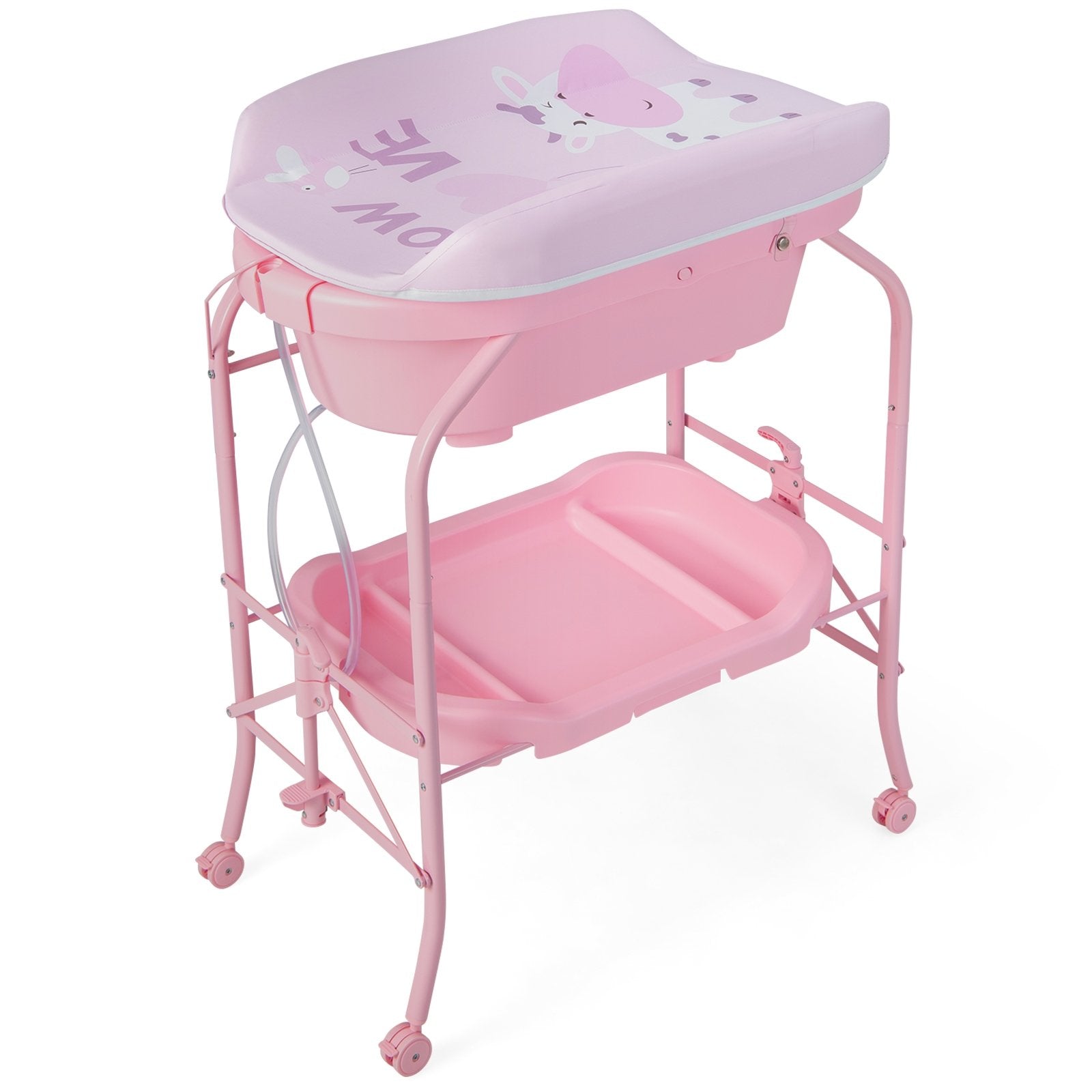 Folding Baby Changing Table with Bathtub and 4 Universal Wheels, Pink Changing Tables   at Gallery Canada