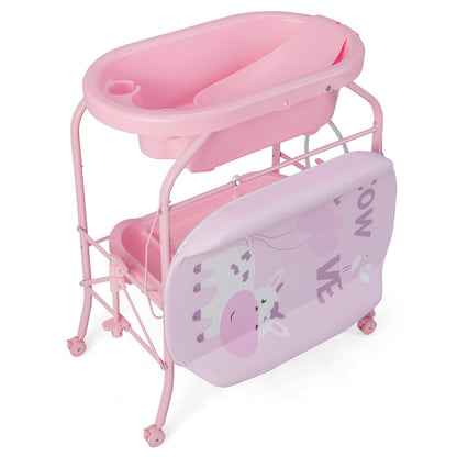 Folding Baby Changing Table with Bathtub and 4 Universal Wheels, Pink Changing Tables   at Gallery Canada