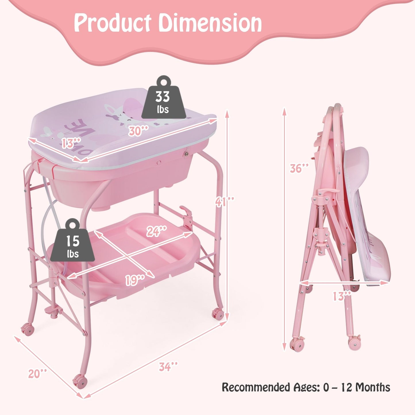 Folding Baby Changing Table with Bathtub and 4 Universal Wheels, Pink Changing Tables   at Gallery Canada