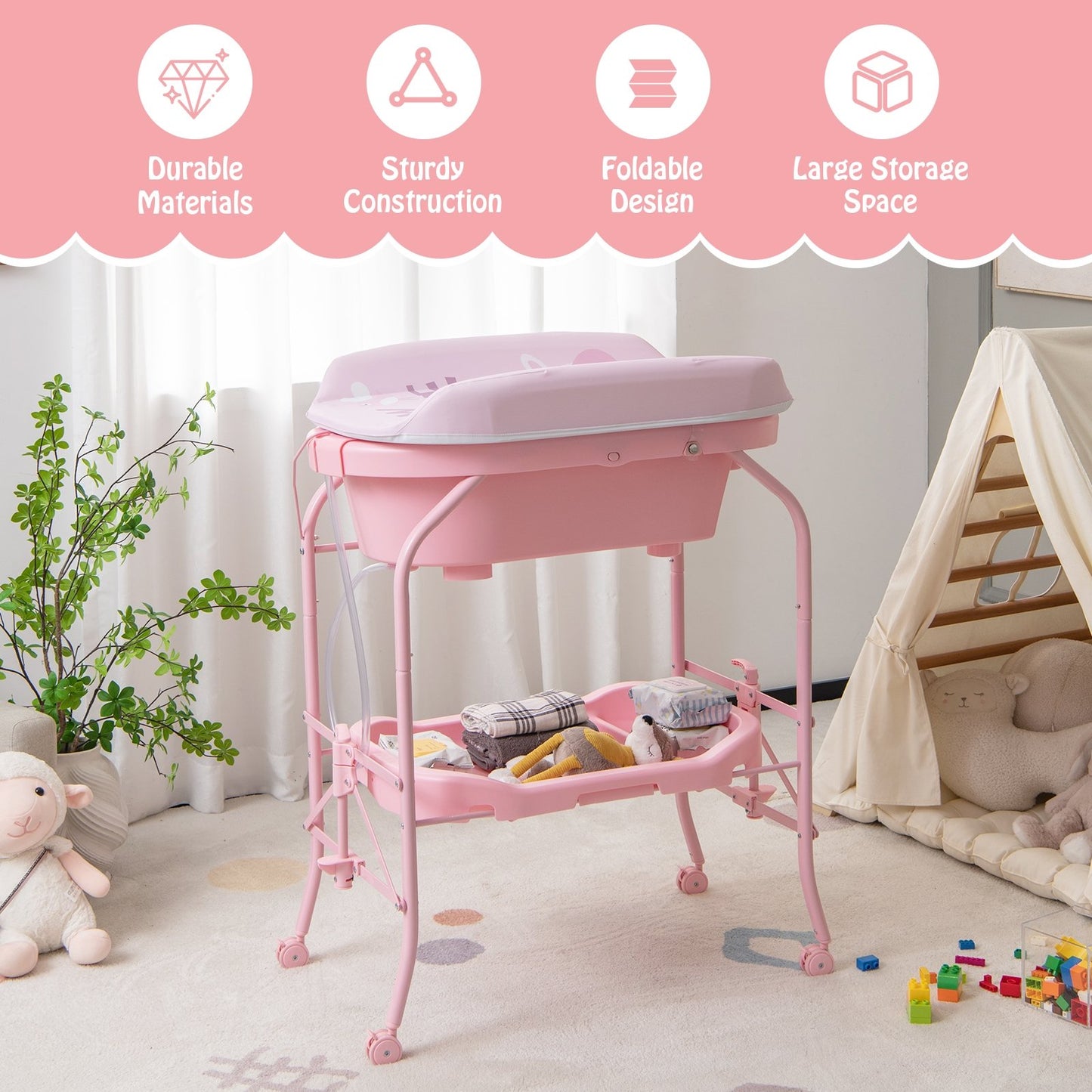 Folding Baby Changing Table with Bathtub and 4 Universal Wheels, Pink Changing Tables   at Gallery Canada