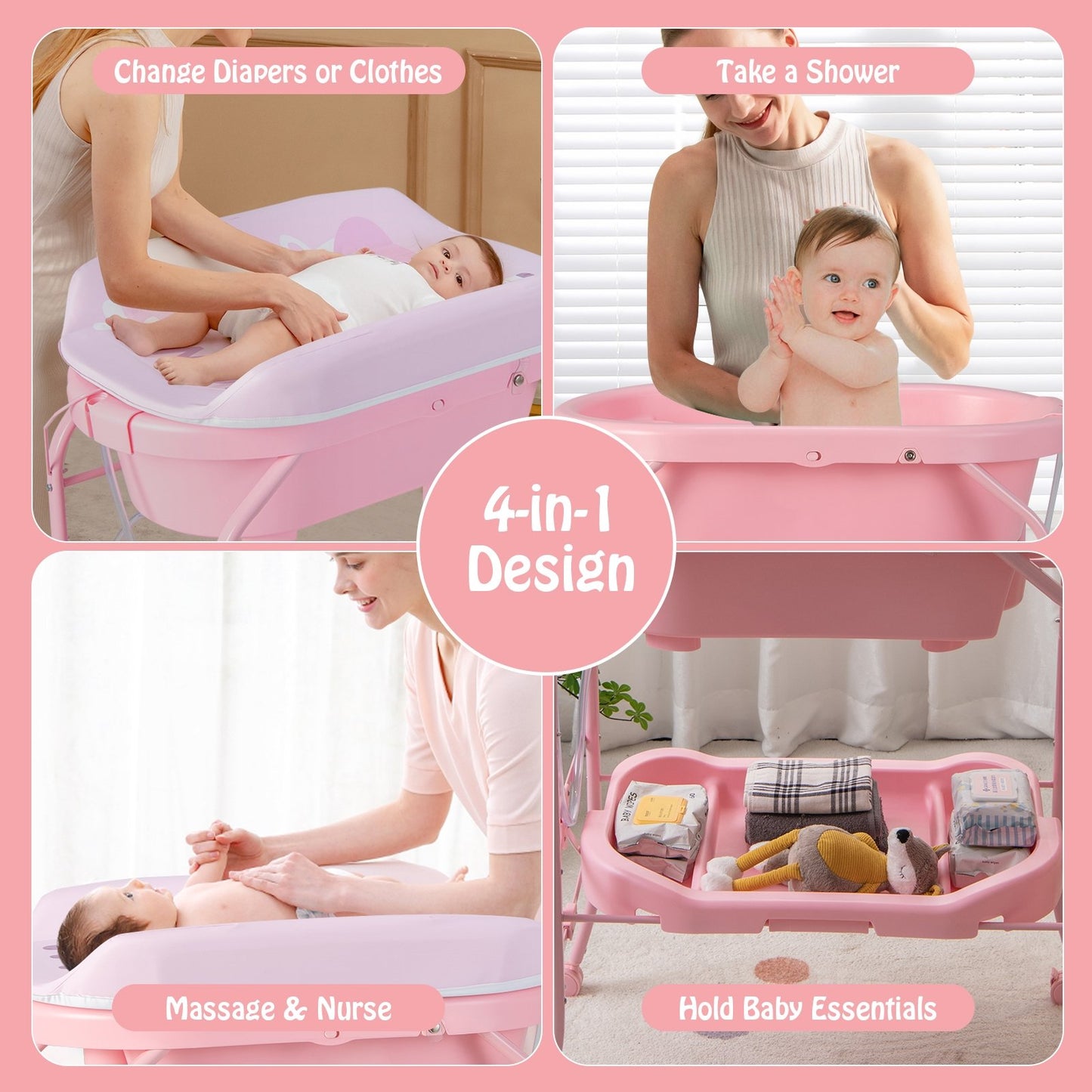 Folding Baby Changing Table with Bathtub and 4 Universal Wheels, Pink Changing Tables   at Gallery Canada