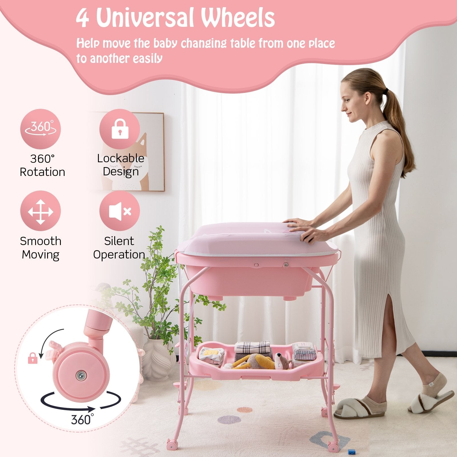 Folding Baby Changing Table with Bathtub and 4 Universal Wheels, Pink Changing Tables   at Gallery Canada