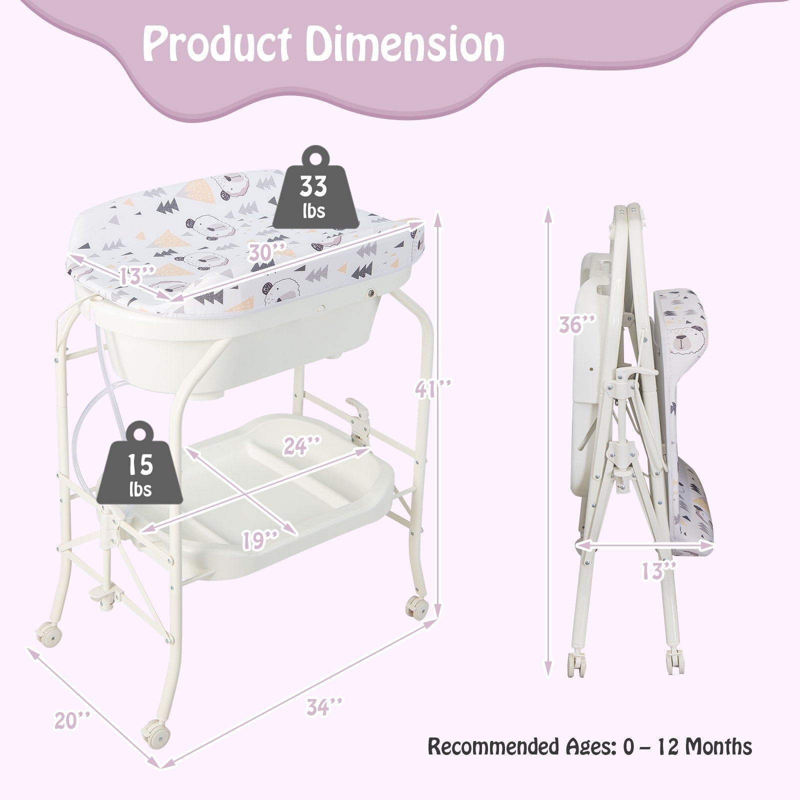 Folding Baby Changing Table with Bathtub and 4 Universal Wheels, White Changing Tables   at Gallery Canada