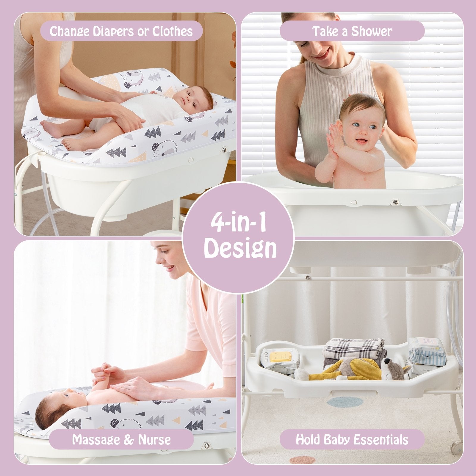 Folding Baby Changing Table with Bathtub and 4 Universal Wheels, White Changing Tables   at Gallery Canada