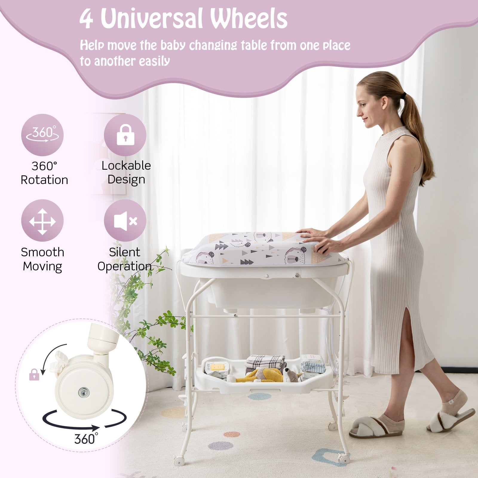 Folding Baby Changing Table with Bathtub and 4 Universal Wheels, White Changing Tables   at Gallery Canada