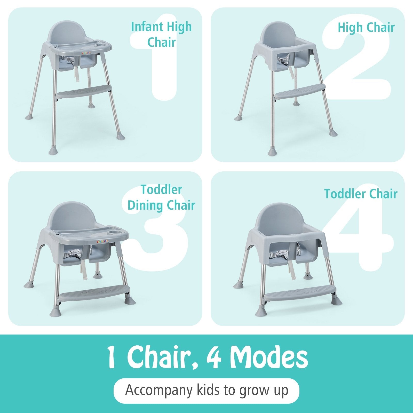 4-in-1 Convertible Baby High Chair with Removable Double Tray, Gray High Chairs   at Gallery Canada