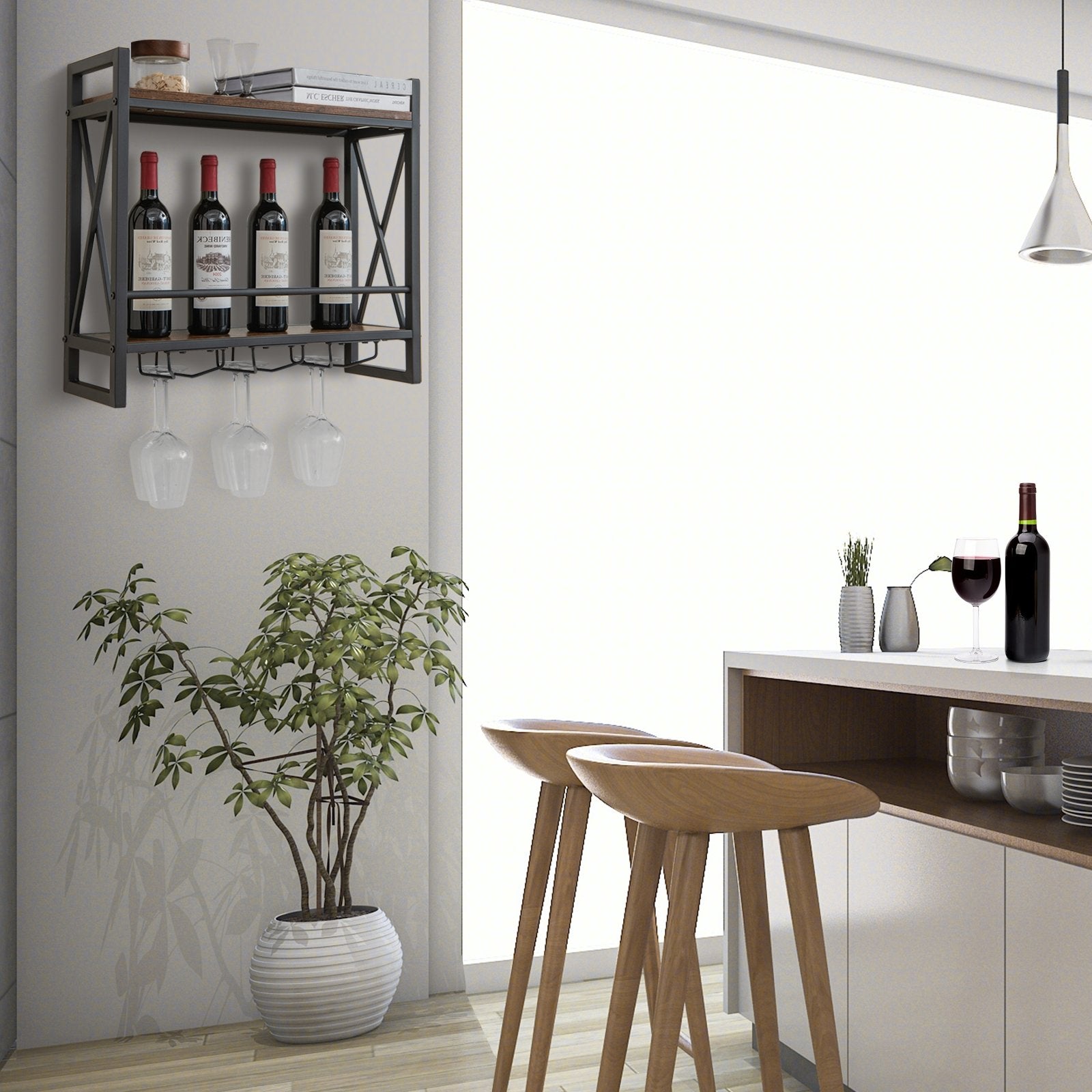 Industrial Wall Mounted Wine Rack with 3 Stem Glass Holders Wine Racks   at Gallery Canada