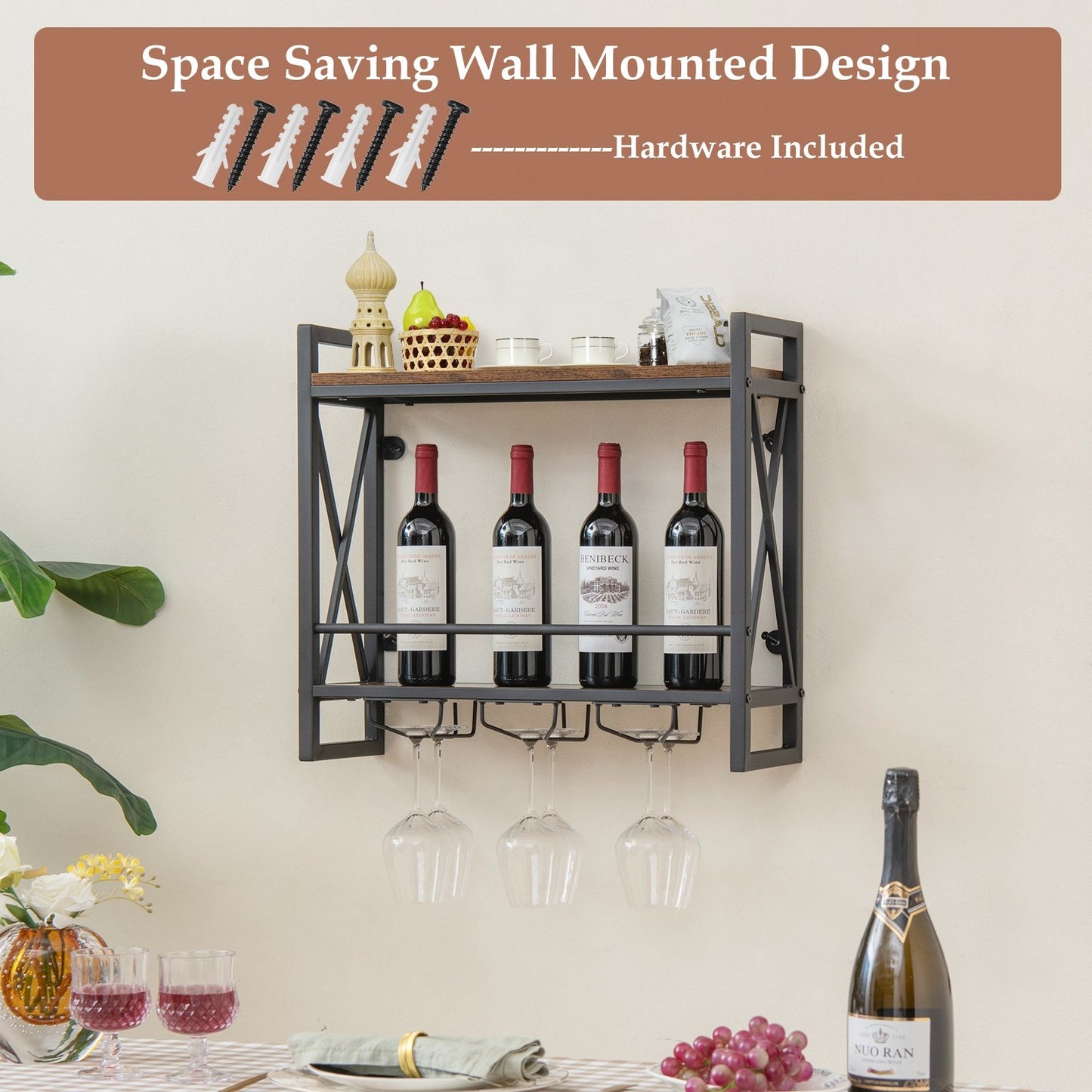 Industrial Wall Mounted Wine Rack with 3 Stem Glass Holders Wine Racks   at Gallery Canada