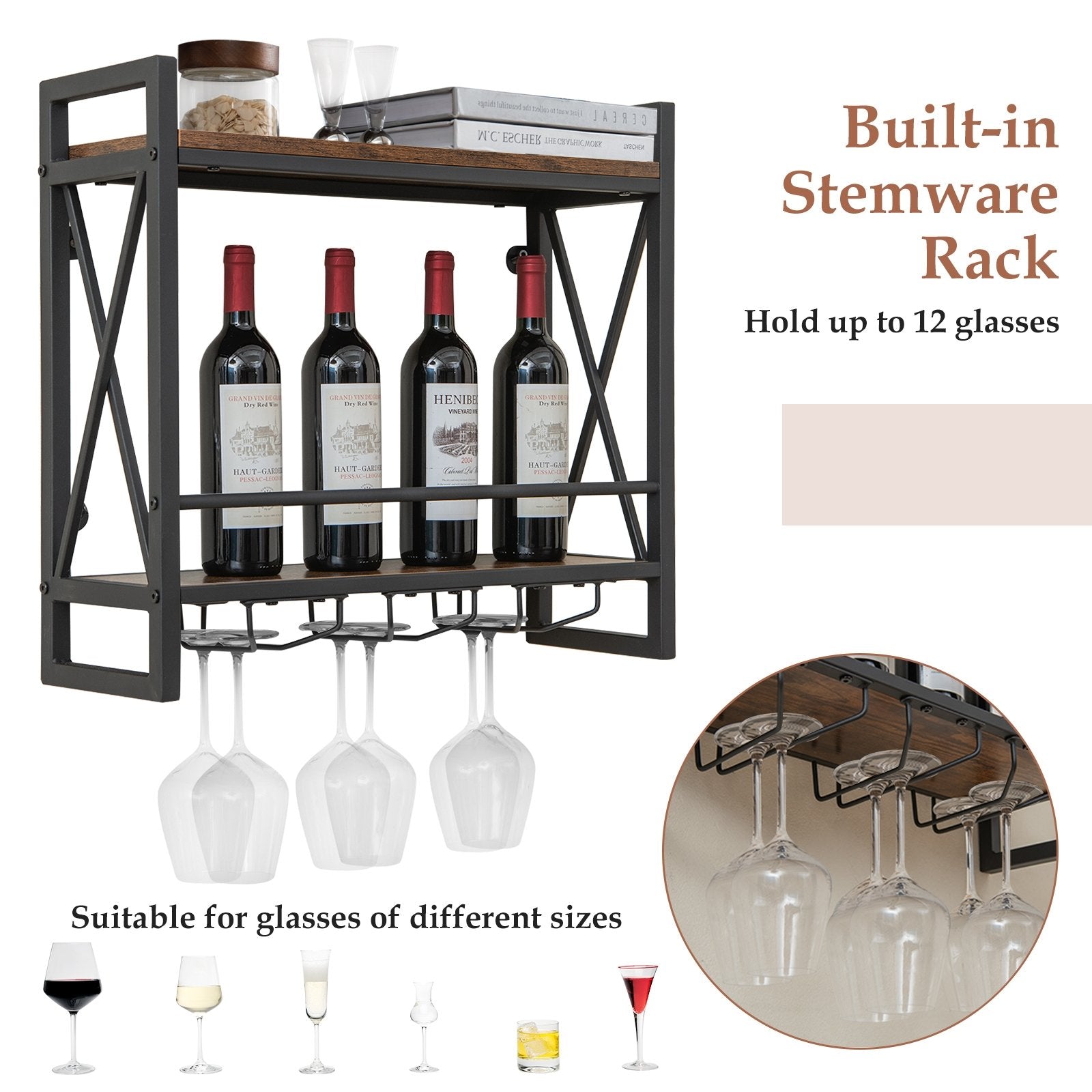 Industrial Wall Mounted Wine Rack with 3 Stem Glass Holders Wine Racks   at Gallery Canada