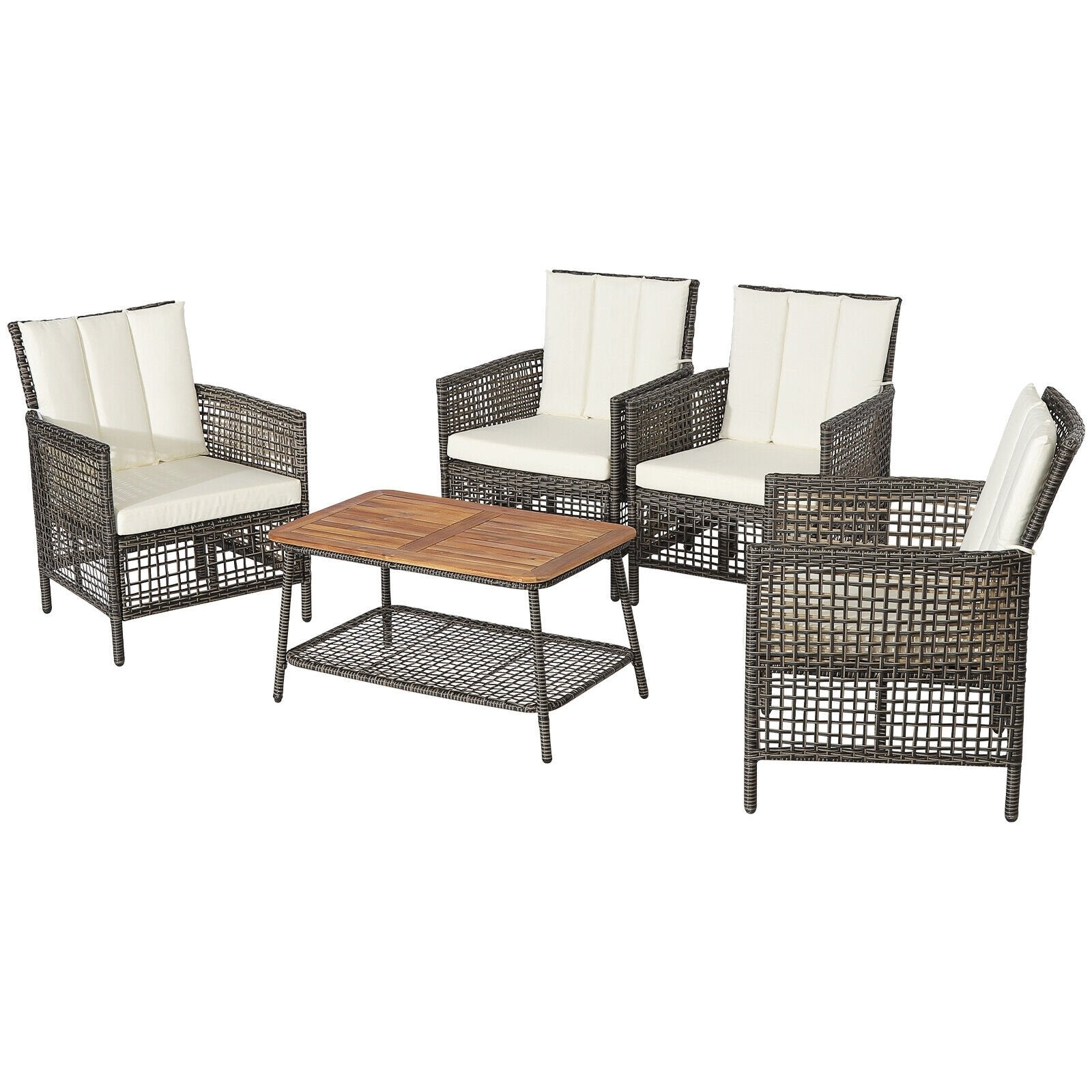 5 Pieces Patio Rattan Furniture Set Cushioned Sofa Armrest Wooden Tabletop, Off White Patio Conversation Sets   at Gallery Canada