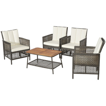 5 Pieces Patio Rattan Furniture Set Cushioned Sofa Armrest Wooden Tabletop, Off White Patio Conversation Sets   at Gallery Canada