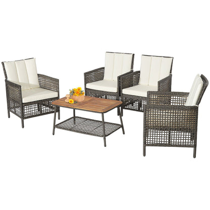 5 Pieces Patio Rattan Furniture Set Cushioned Sofa Armrest Wooden Tabletop, Off White Patio Conversation Sets   at Gallery Canada