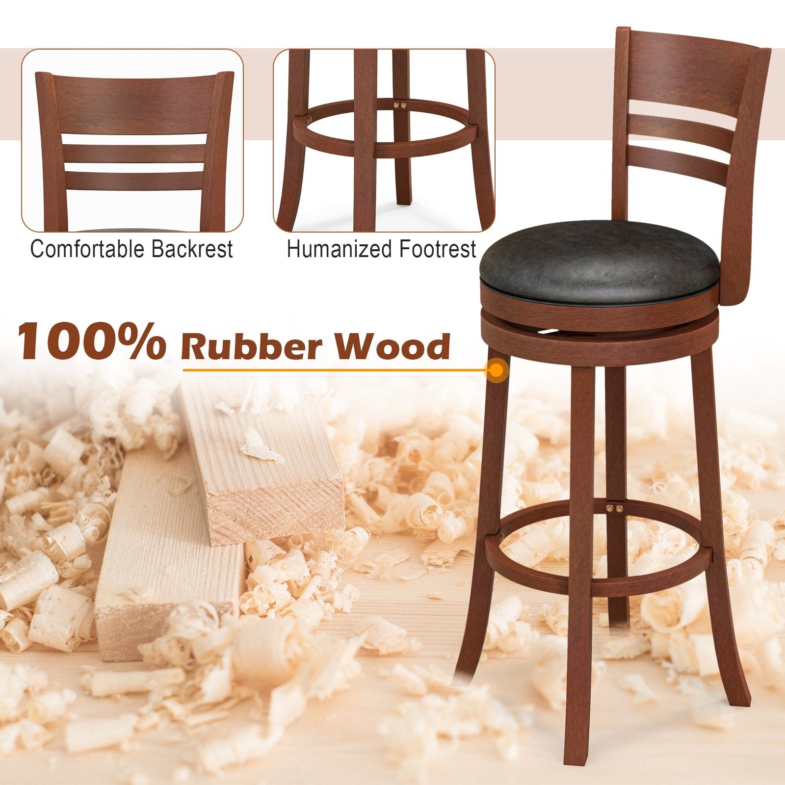 Set of 2 360° Bar Stools with PU Upholstered Seats, Brown Bar Stools   at Gallery Canada