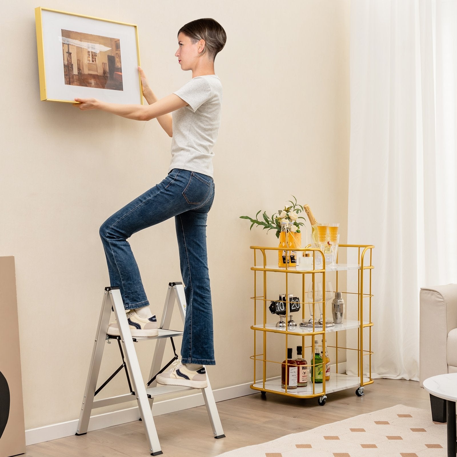 Folding Aluminum 2-Step Ladder with Non-Slip Pedal and Footpads, Silver Ladders   at Gallery Canada