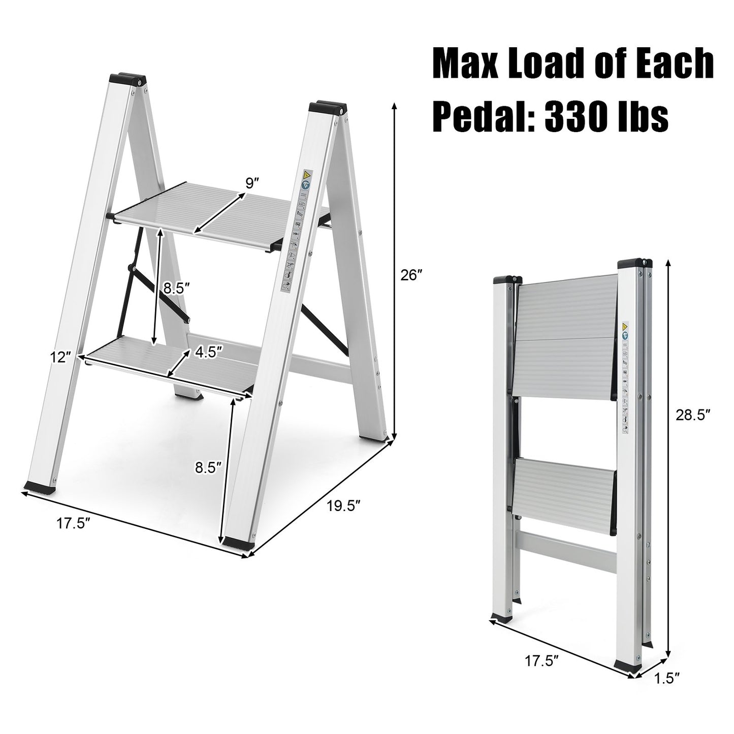 Folding Aluminum 2-Step Ladder with Non-Slip Pedal and Footpads, Silver Ladders   at Gallery Canada