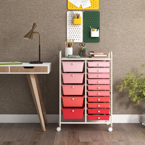 15-Drawer Utility Rolling Organizer Cart Multi-Use Storage, Gradient Pink