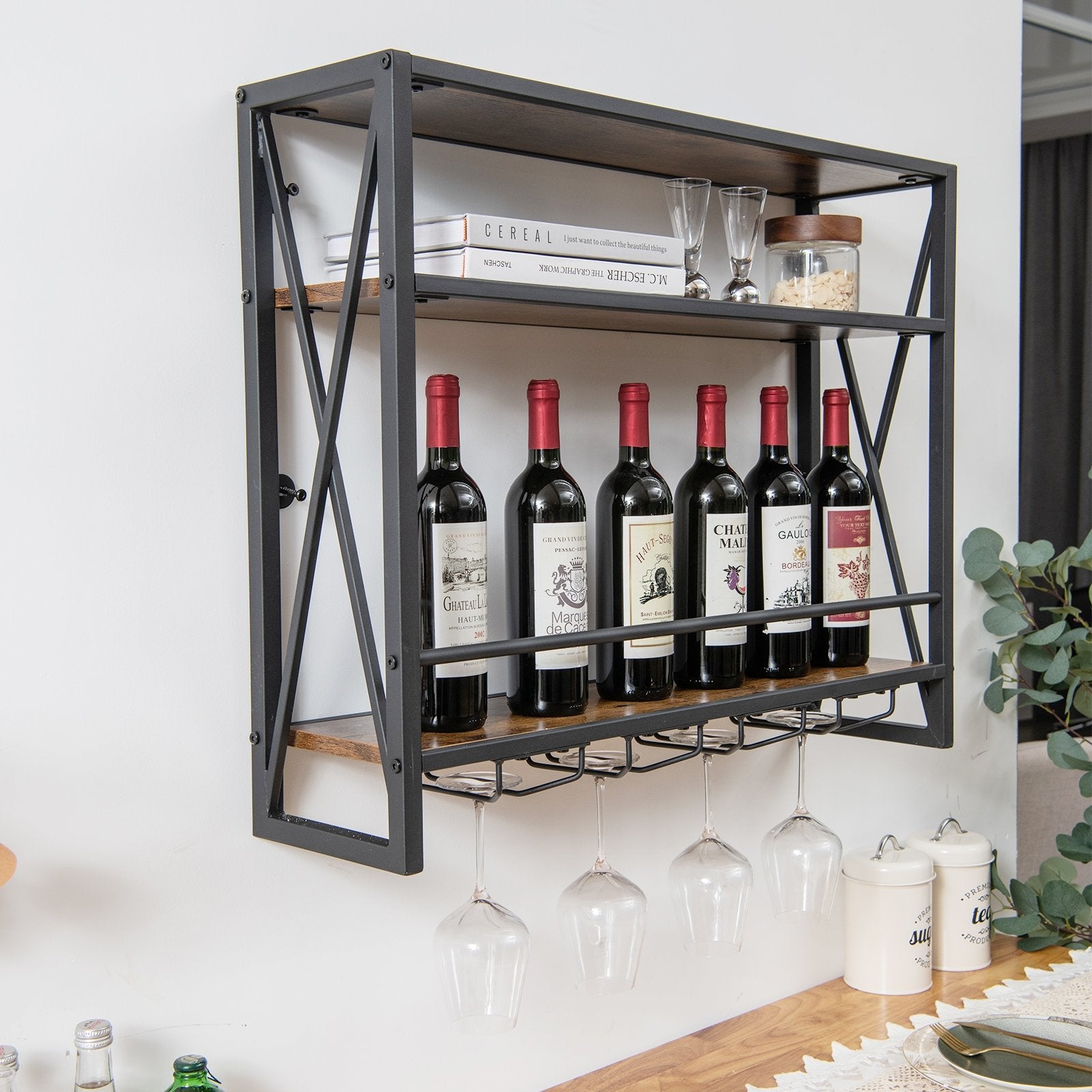 3-Tiers Industrial Wall Mounted Wine Rack with Glass Holder and Metal Frame, Rustic Brown Wine Racks   at Gallery Canada