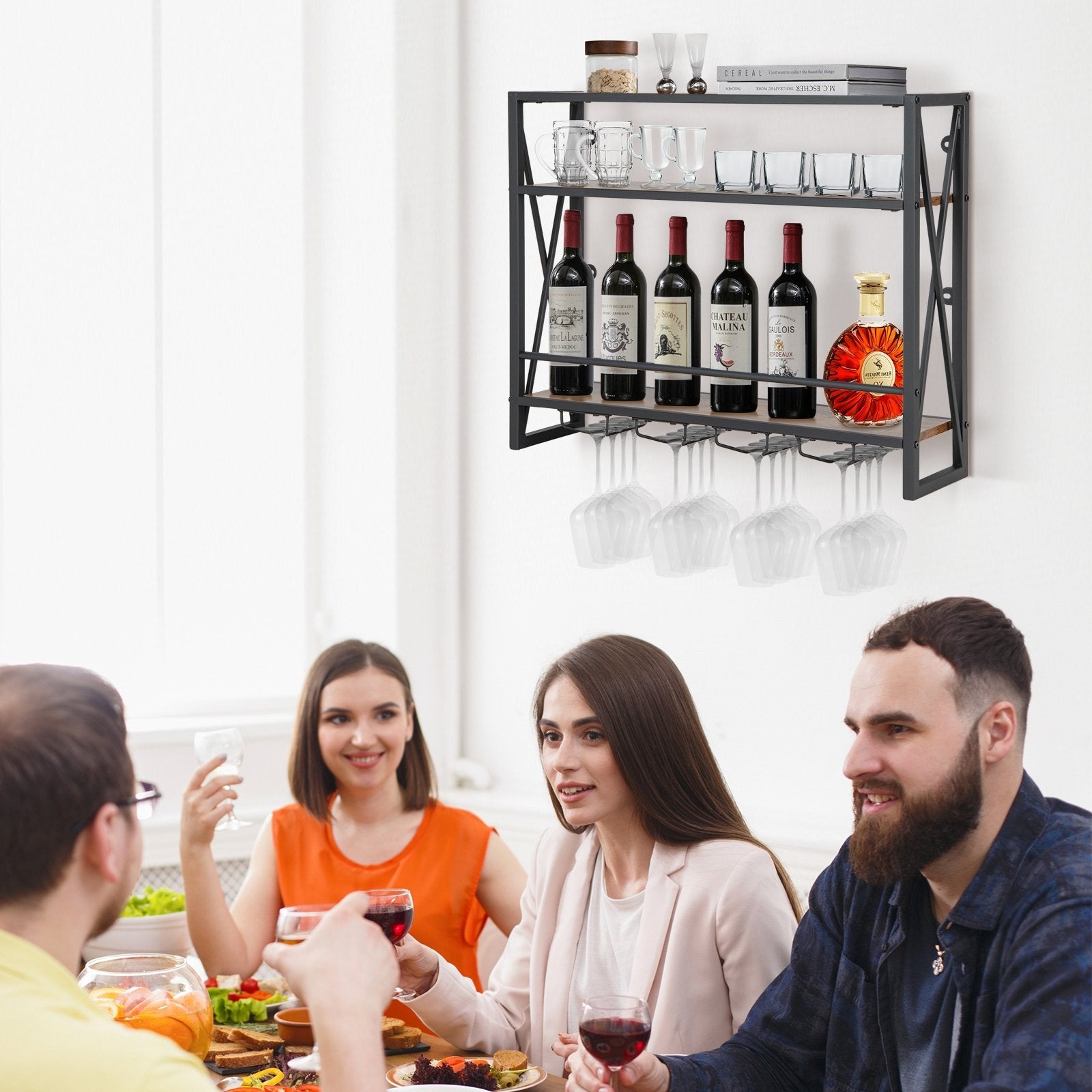 3-Tiers Industrial Wall Mounted Wine Rack with Glass Holder and Metal Frame, Rustic Brown Wine Racks   at Gallery Canada